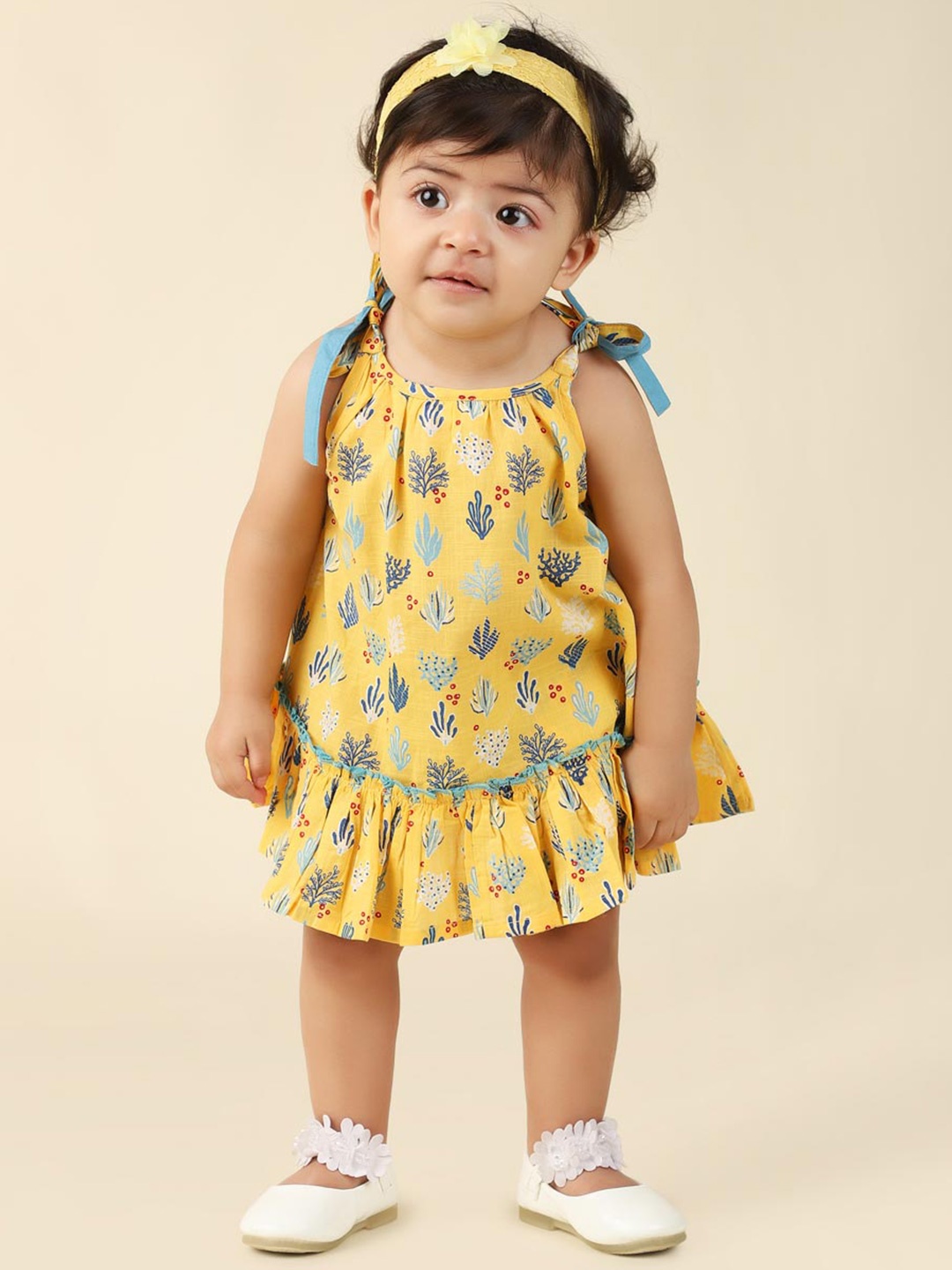 

Fabindia Girls Floral Printed Shoulder Straps Cotton A-Line Dress, Yellow