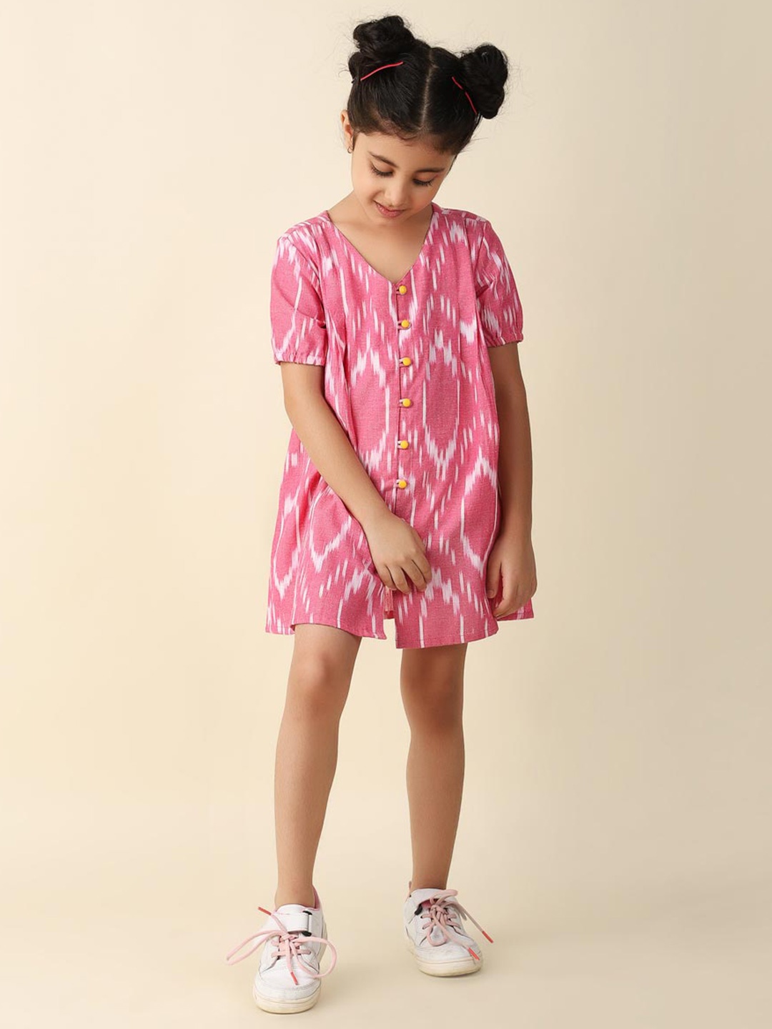 

Fabindia Girls Ethnic Motifs Ikkat Printed V-Neck Cotton A-Line Dress, Pink