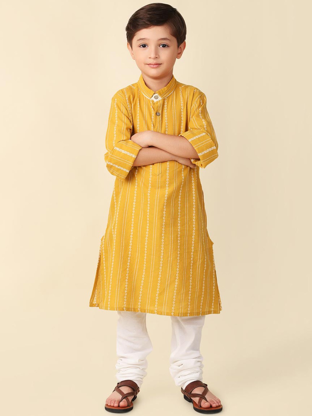 

Fabindia Boys Striped Shirt Collar Cotton Straight Kurta, Yellow