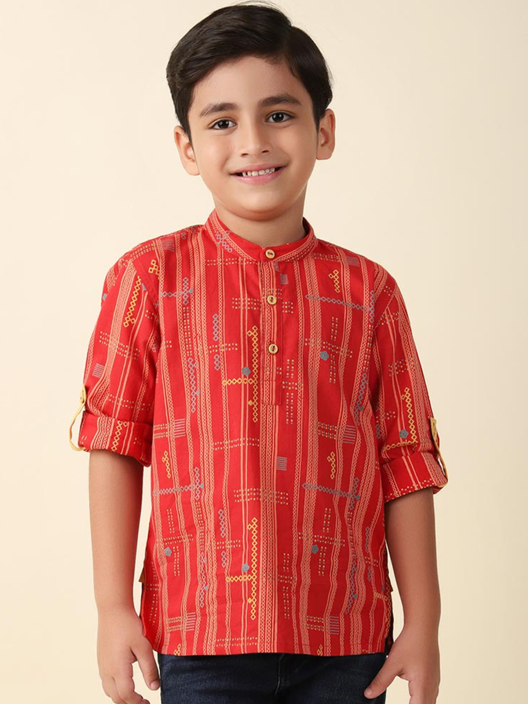 

Fabindia Boys Striped Mandarin Collar Roll-Up Sleeves Zari Pure Cotton Kurta, Red