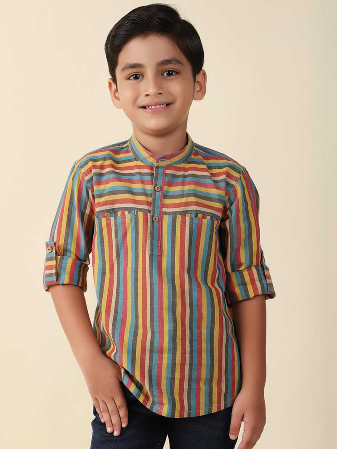 

Fabindia Boys Striped Pure Cotton Short Kurta, Yellow
