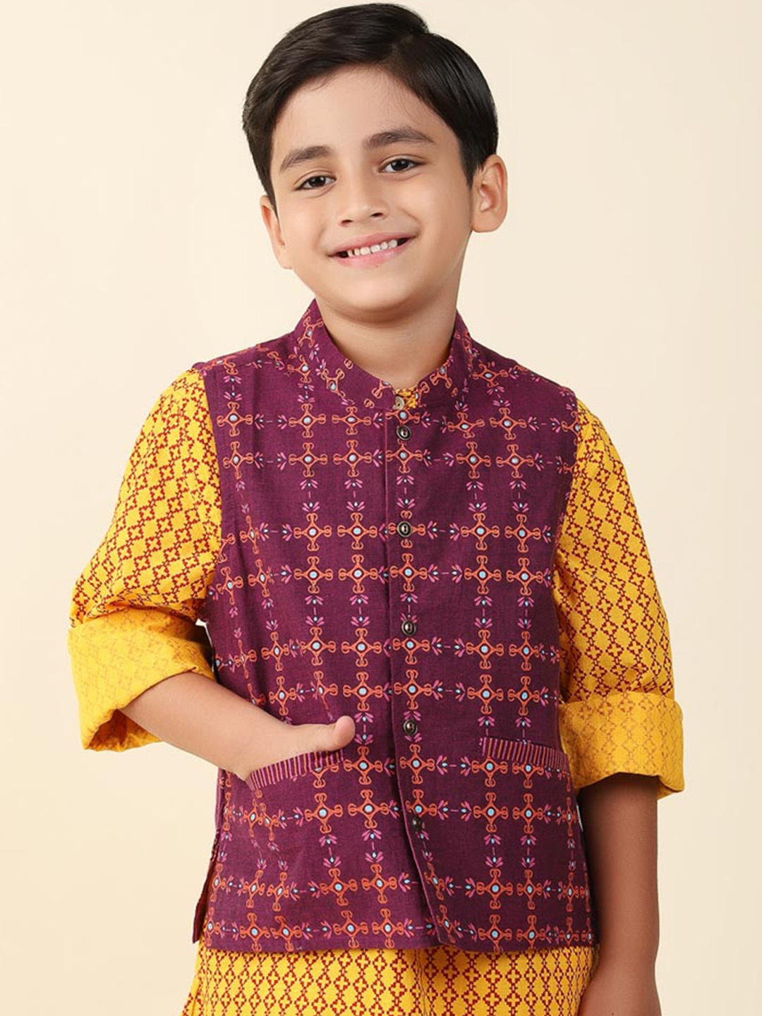 

Fabindia Boys Printed Pure Cotton Nehru Jacket, Purple