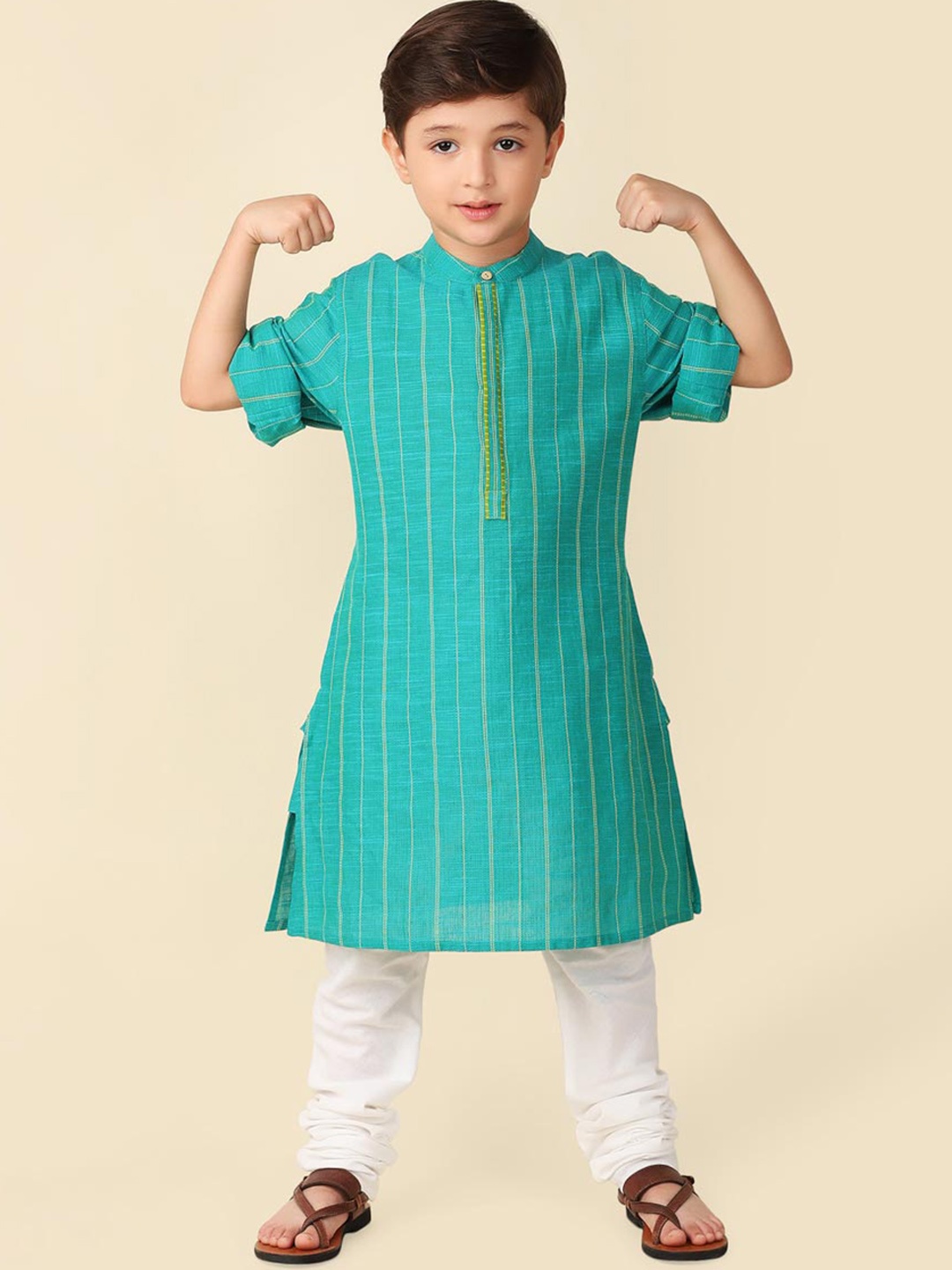 

Fabindia Boys Striped Mandarin Collar Straight Kurta, Teal