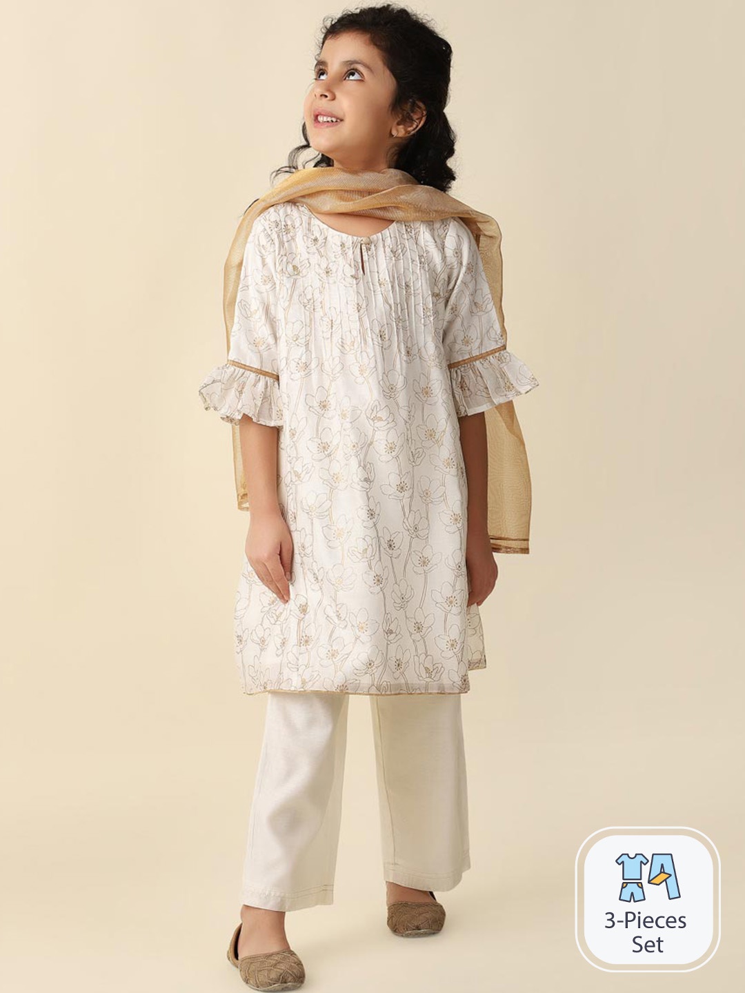 

Fabindia Girls Floral Printed Kurta With Palazzos & Dupatta, White