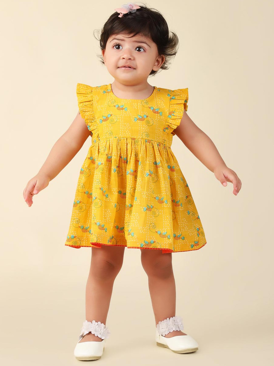 

Fabindia Girls Conversational Printed Flutter Sleeve Gathered Cotton Fit & Flare Dress, Yellow