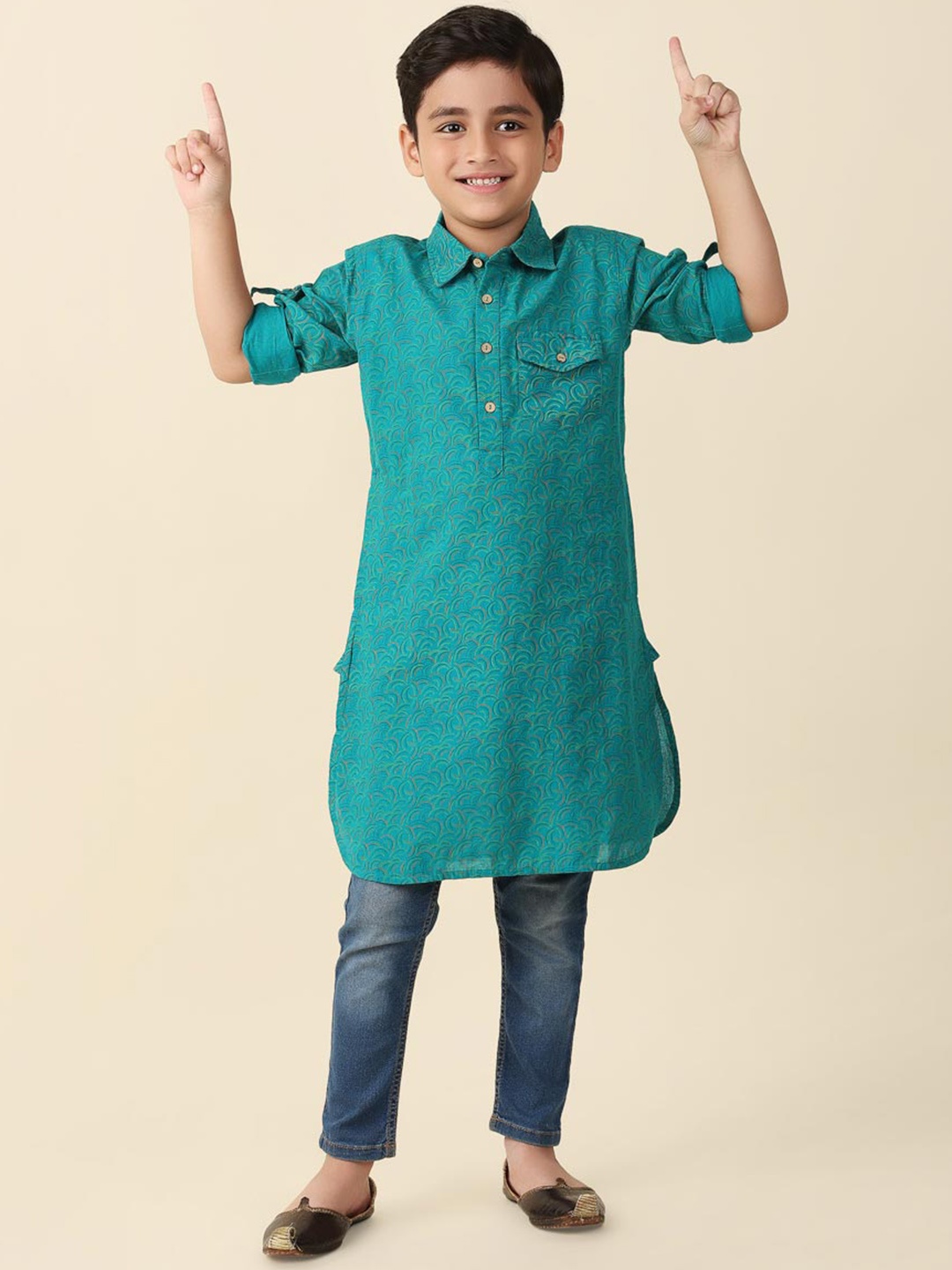 

Fabindia Boys Geometric Printed Cotton Kurta, Teal