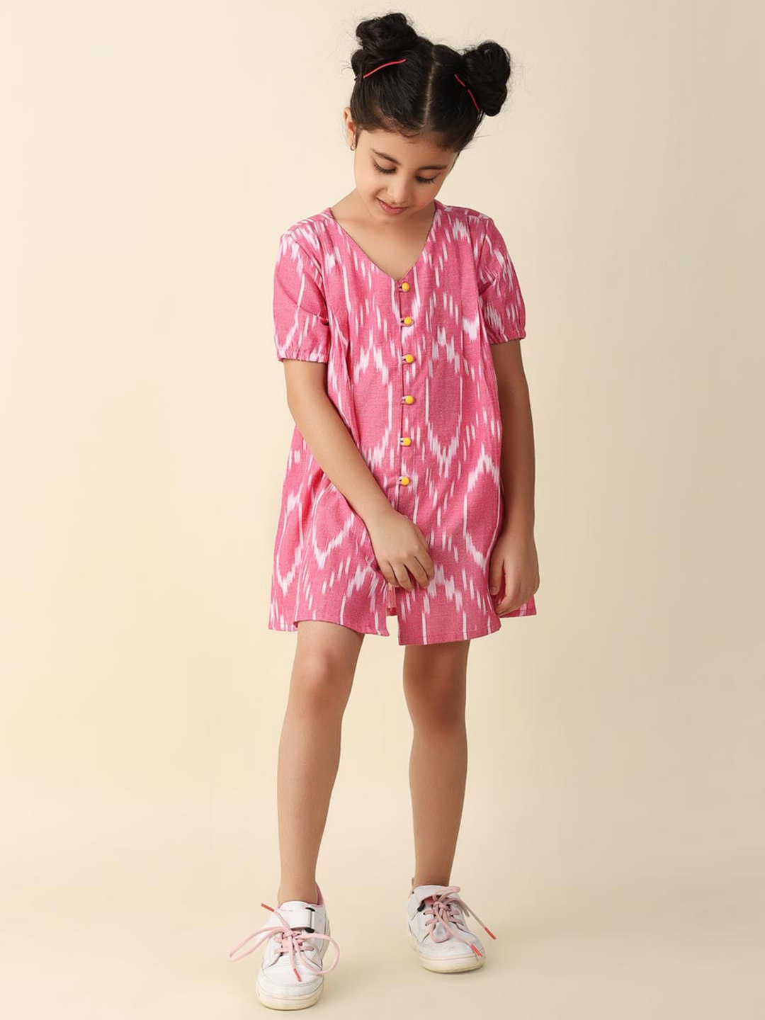 

Fabindia Girls Ethnic Motifs Ikkat Printed V-Neck Cotton A-Line Dress, Pink