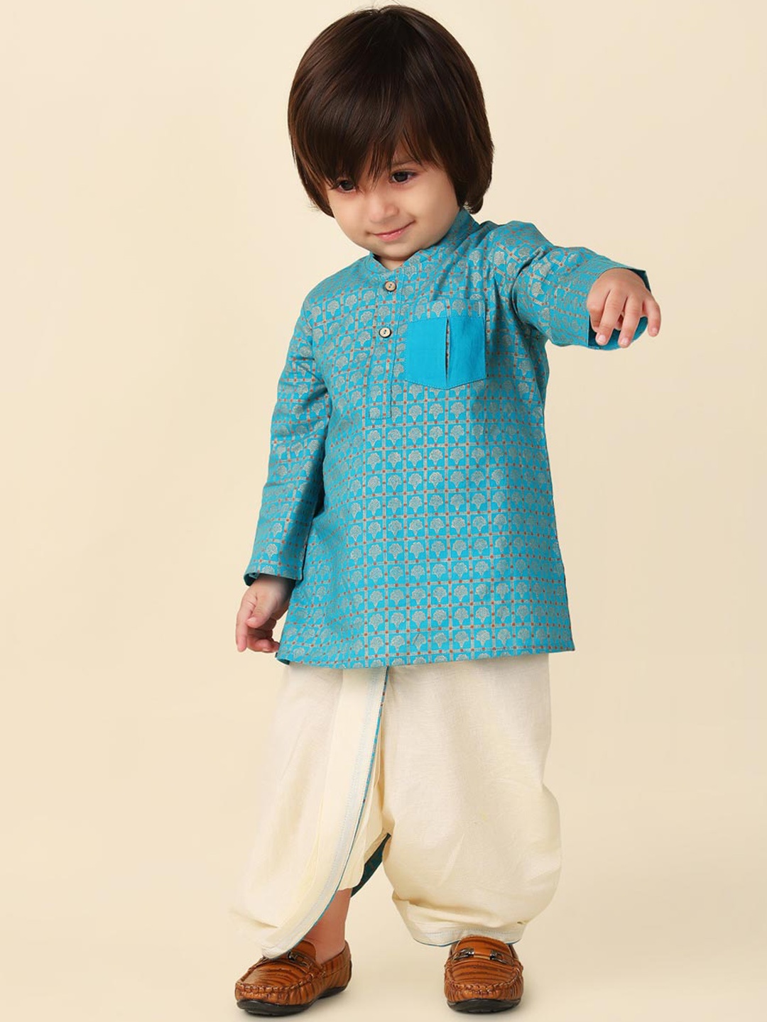 

Fabindia Boys Ethnic Motifs Printed Mandarin Collar Pure Cotton Kurta with Dhoti Pants, Blue