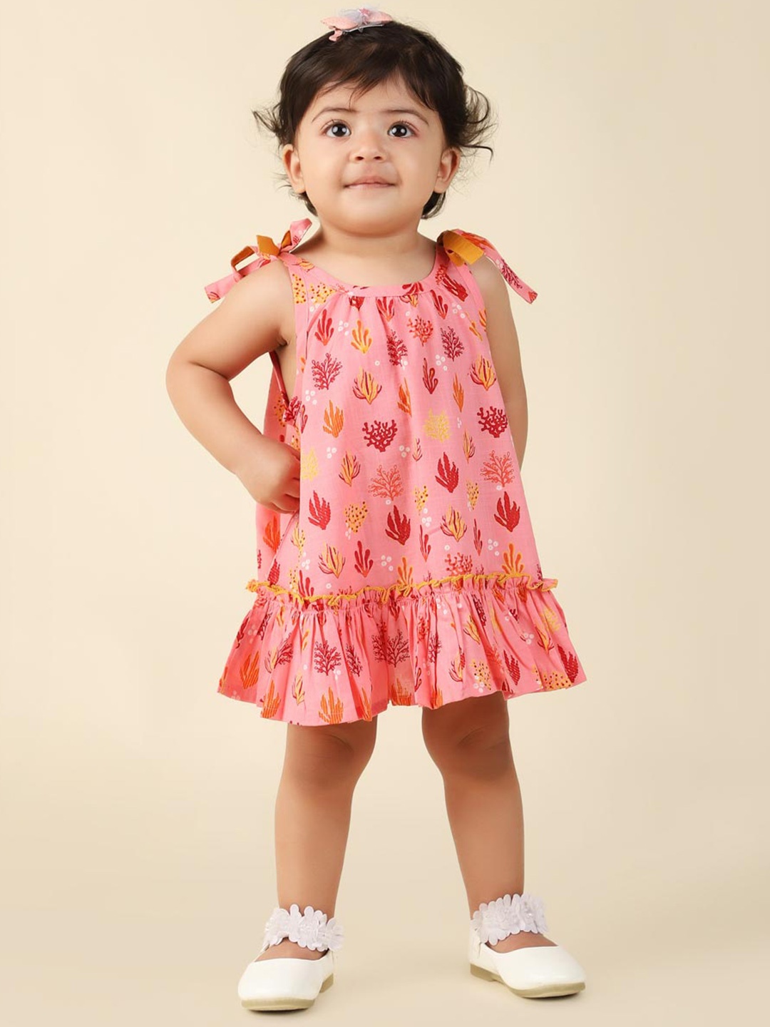 

Fabindia Girls Graphic Printed Shoulder Straps Sleeveless Pleated Cotton A-Line Dress, Pink