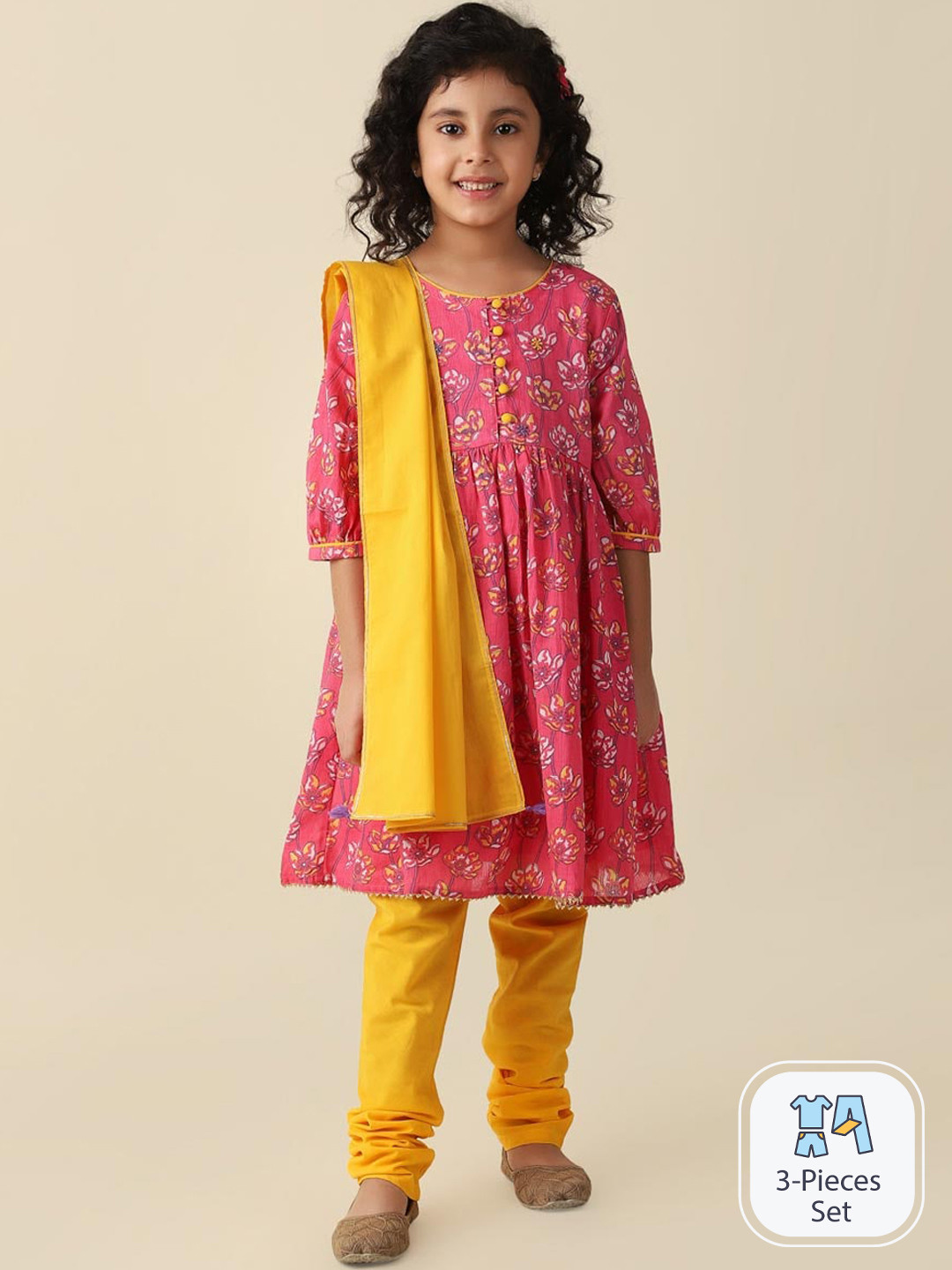

Fabindia Girls Floral Printed Sequinned Pure Cotton Anarkali Kurta with Churidar & Dupatta, Pink