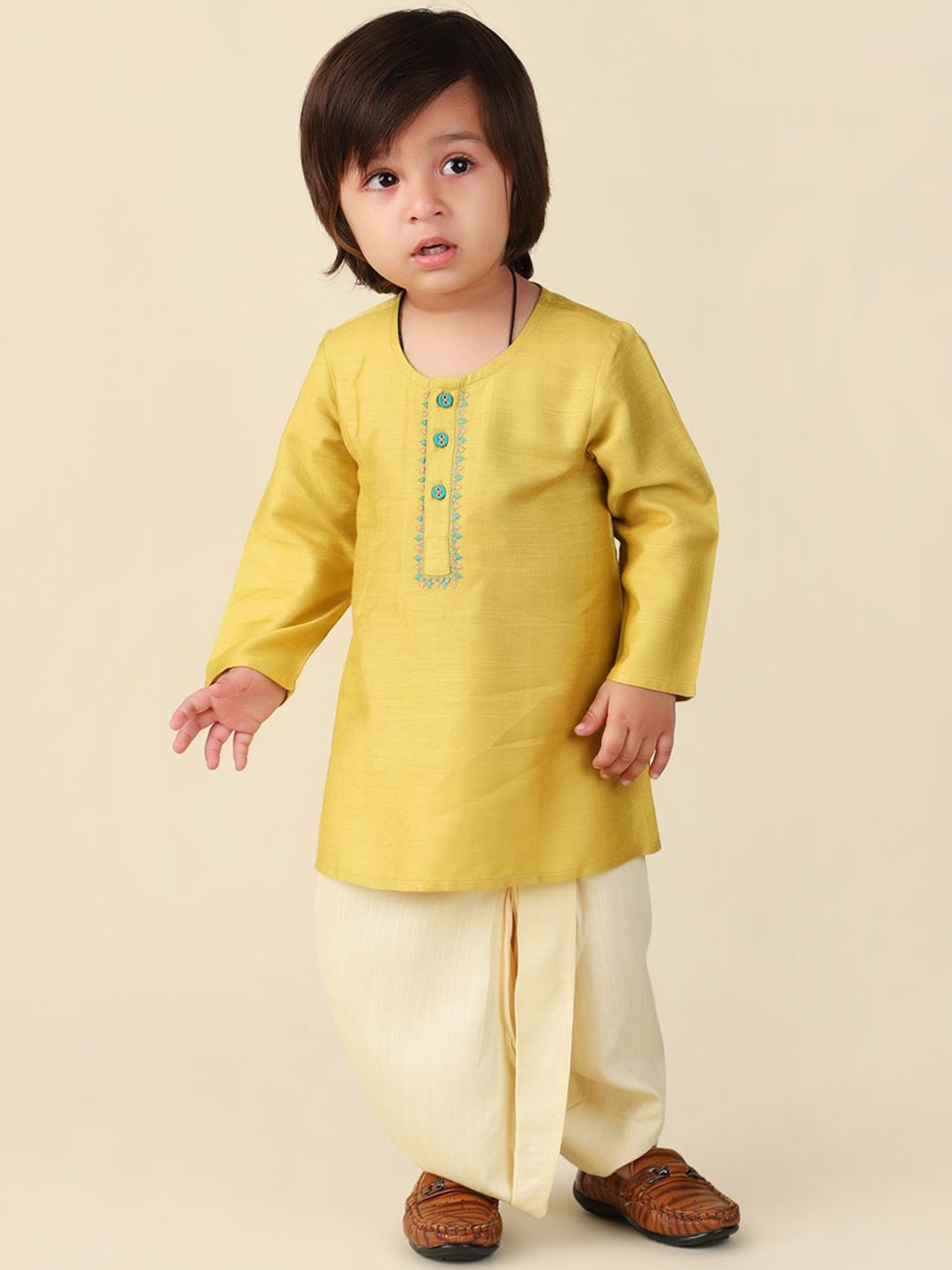 

Fabindia Boys Yoke Embroidered Regular Kurta with Dhoti Pants, Lime green