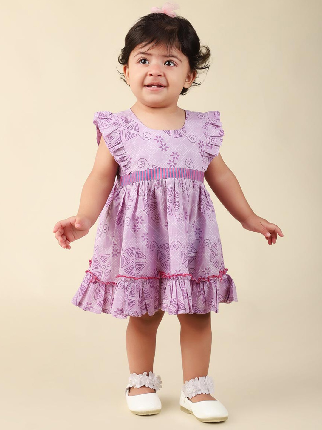 

Fabindia Infants Girls Floral Printed Ruffled Cotton A-Line Dress, Lavender