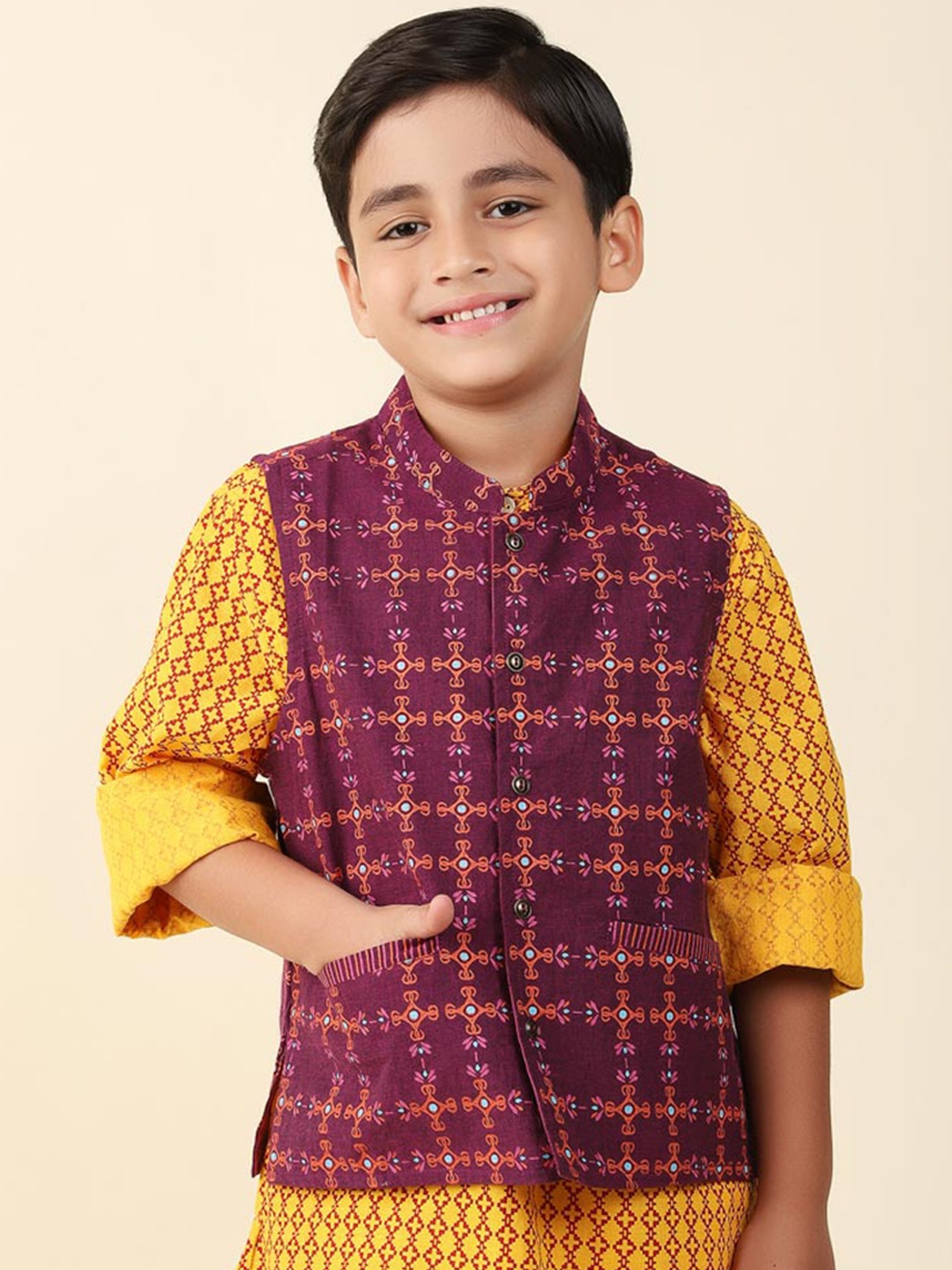 

Fabindia Boys Printed Pure Cotton Nehru Jacket, Purple