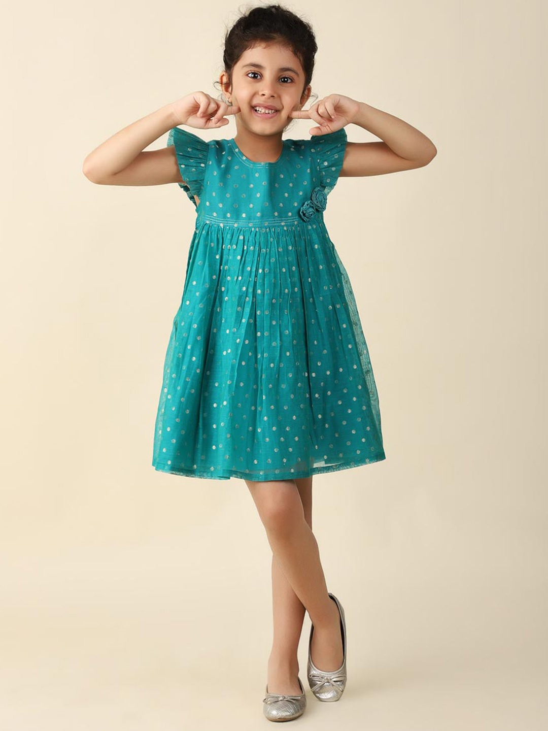 

Fabindia Girls Polka Dot Printed Flutter Sleeves Gathered Casual A-Line Cotton Dress, Teal