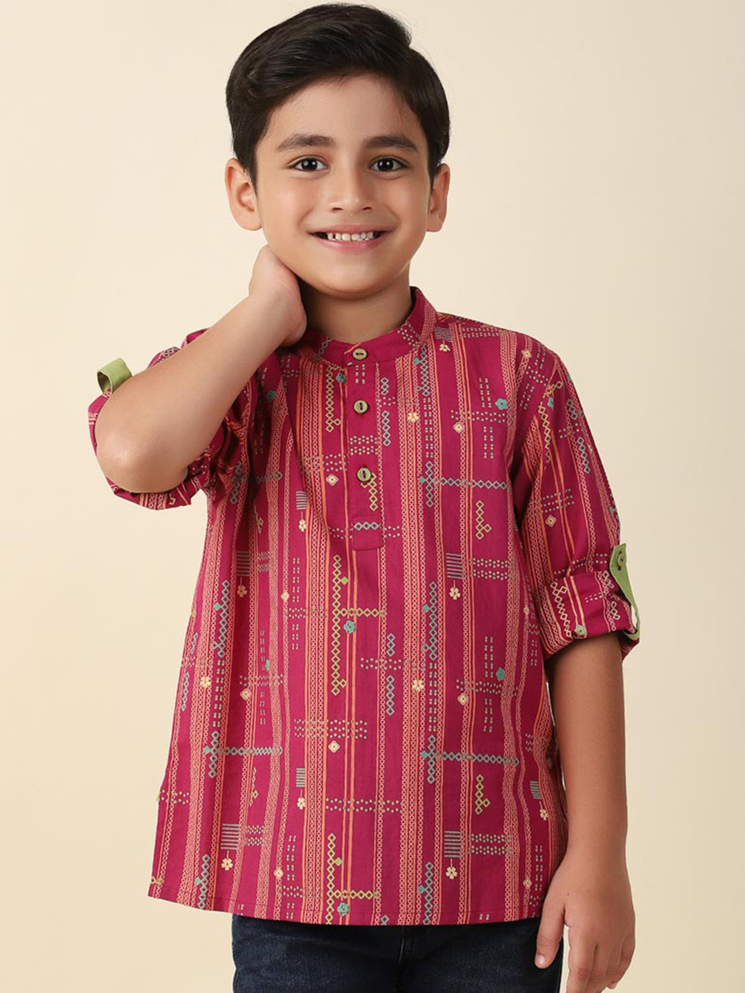 

Fabindia Boys Geometric Printed Straight Pure Cotton Kurta, Pink