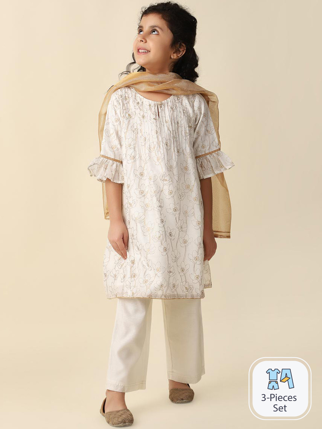 

Fabindia Girls Floral Printed Bell Sleeves Kurta With Trousers & Dupatta, White