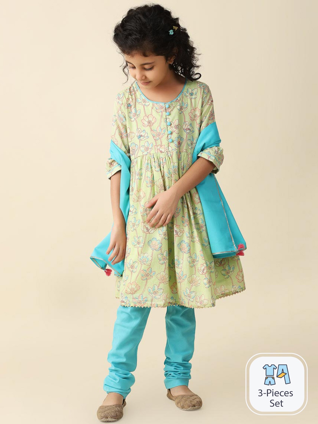 

Fabindia Girls Floral Printed Gotta Patti Pure Cotton Kurta with Churidar & Dupatta, Green