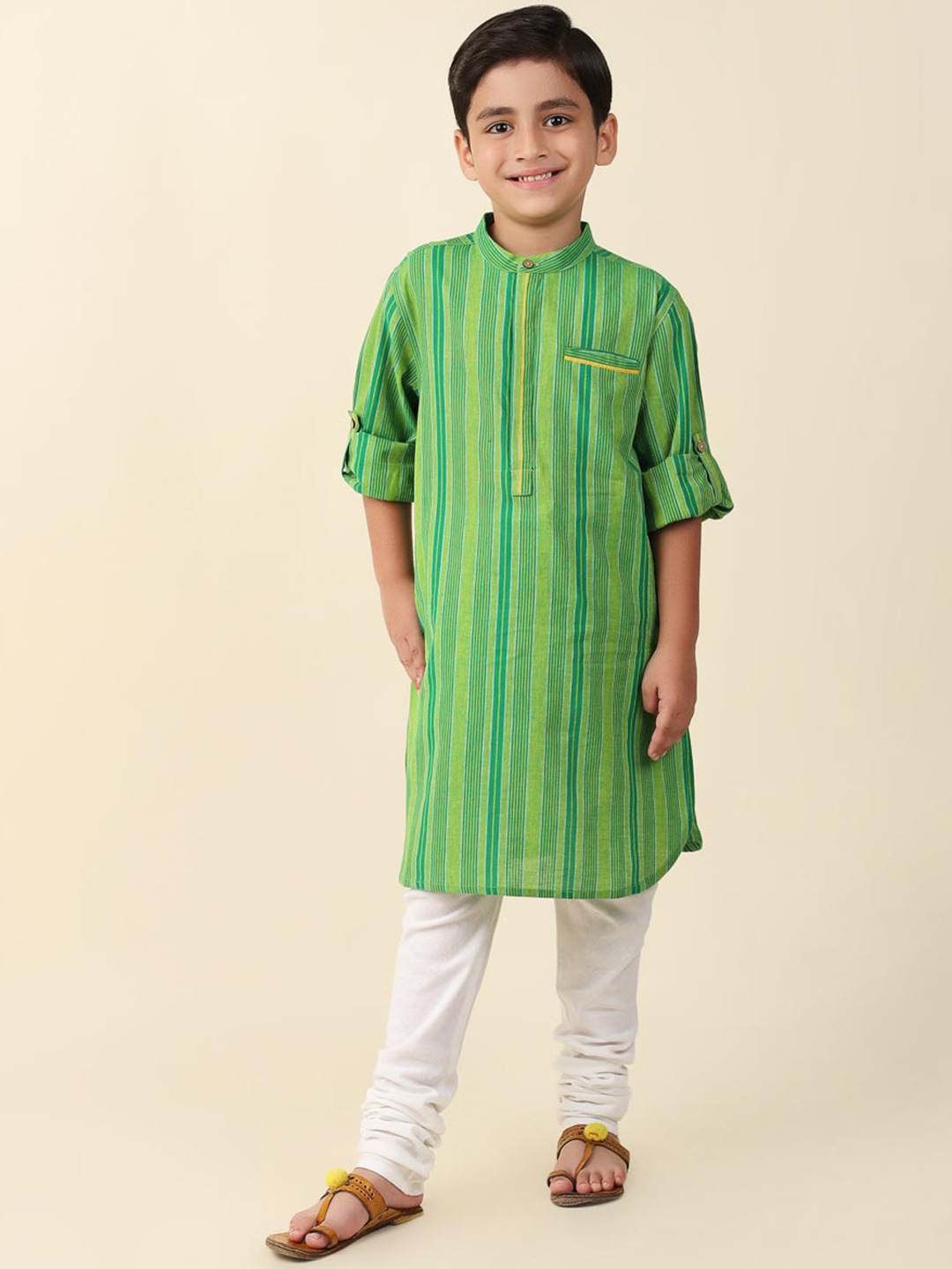 

Fabindia Boys Striped Mandarin Collar Pure Cotton Straight Kurta, Green