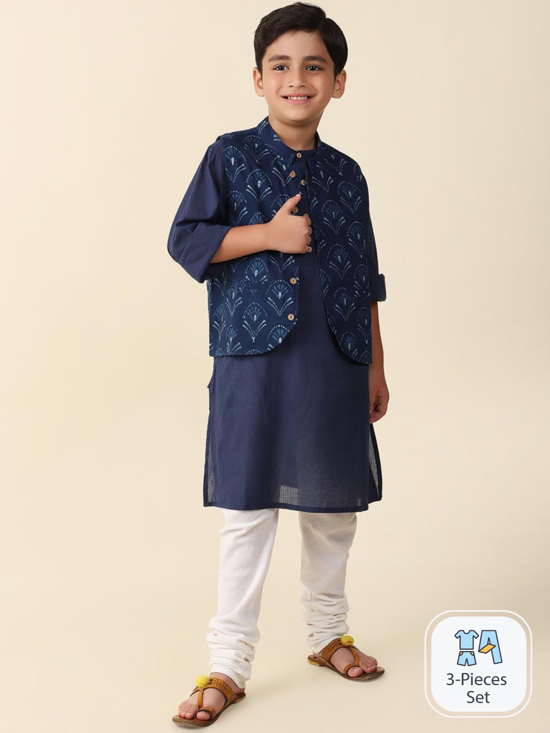 

Fabindia Boys Blue Paisley Yoke Design Thread Work Anarkali Kurta