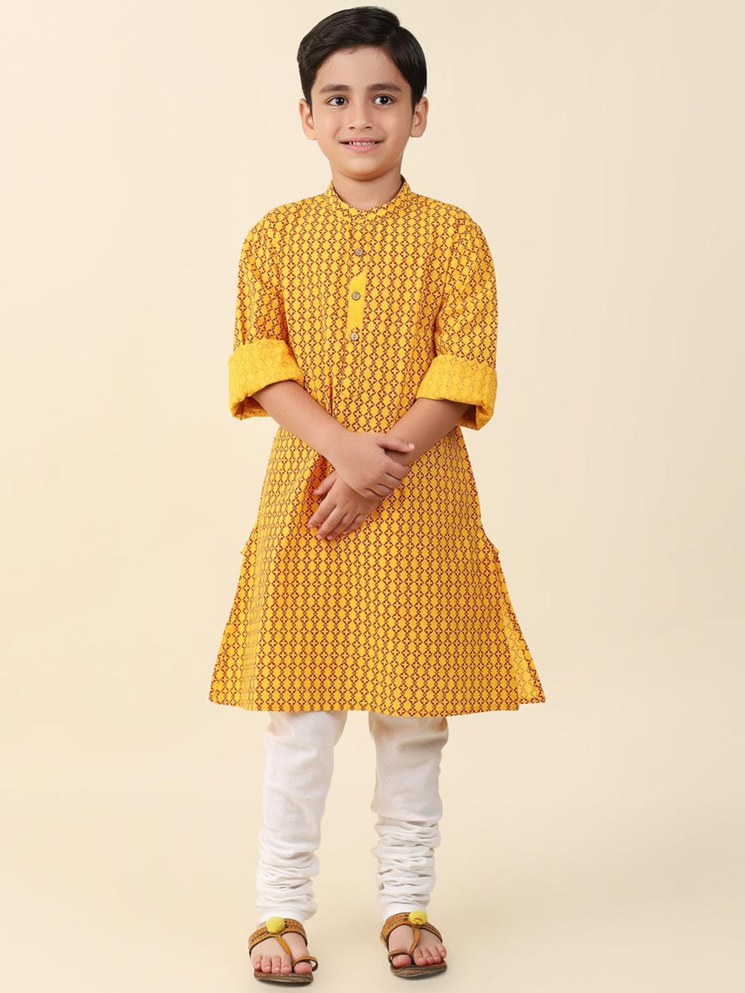 

Fabindia Boys Geometric Printed Cotton Kurta, Yellow