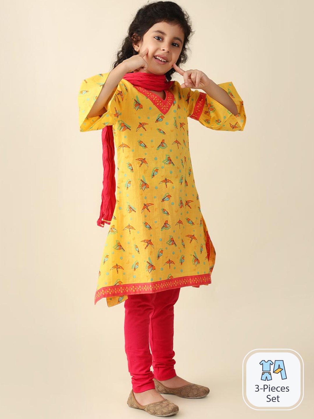 

Fabindia Girls Printed Regular Pure Cotton Kurta With Churidar & Dupatta, Yellow