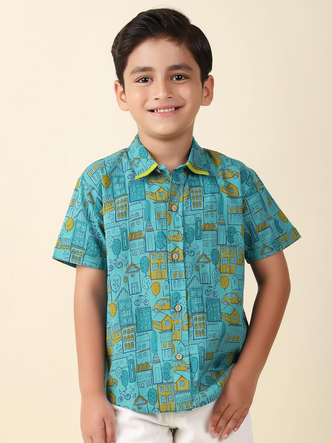 

Fabindia Boys Conversational Printed Casual Shirt, Teal