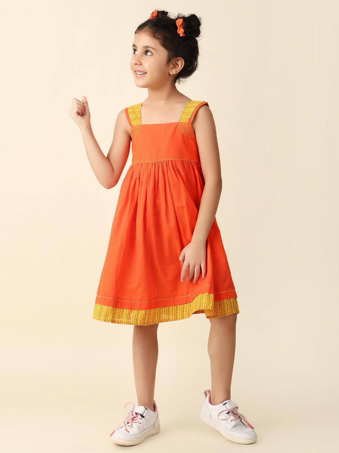 

Fabindia Girls Shoulder Straps Gathered Cotton Fit & Flare Dress, Orange