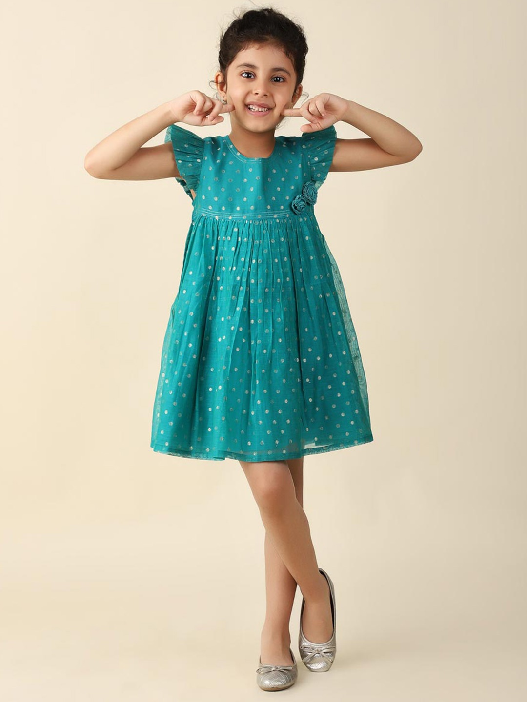 

Fabindia Girls Polka Dot Printed Flutter Sleeves Gathered Cotton Silk A-Line Dress, Teal