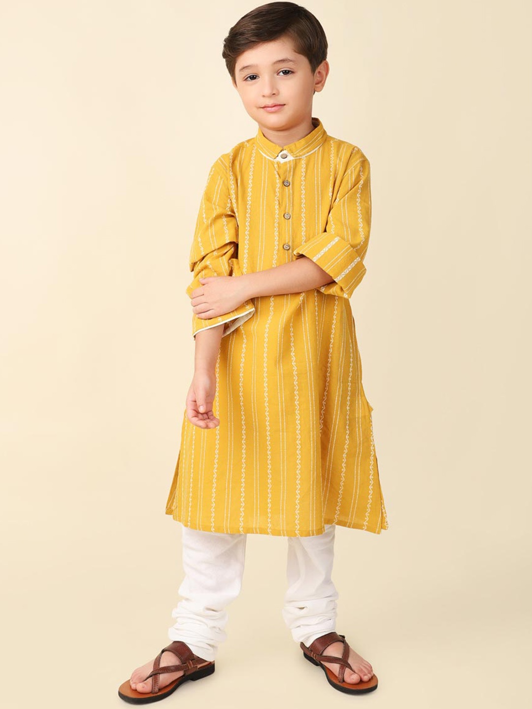 

Fabindia Boys Striped Straight Pure Cotton Kurta, Yellow