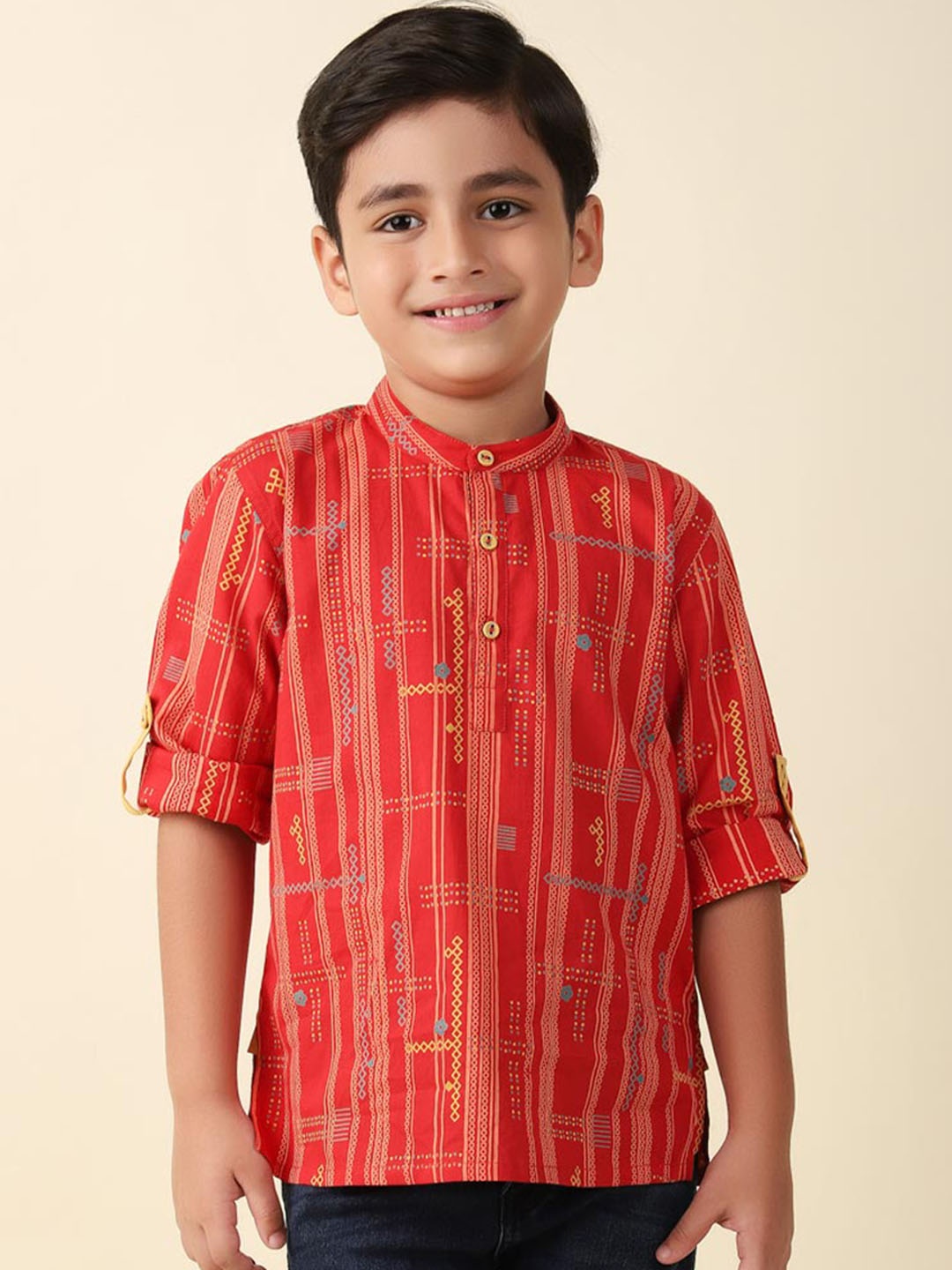 

Fabindia Boys Geometric Printed Cotton Short Kurta, Red