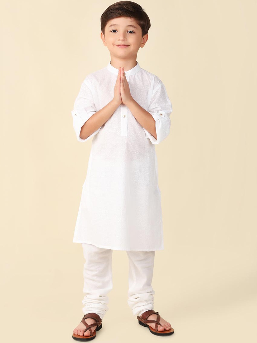 

Fabindia Boys Woven Design Mandarin Collar Cotton Kurta, White