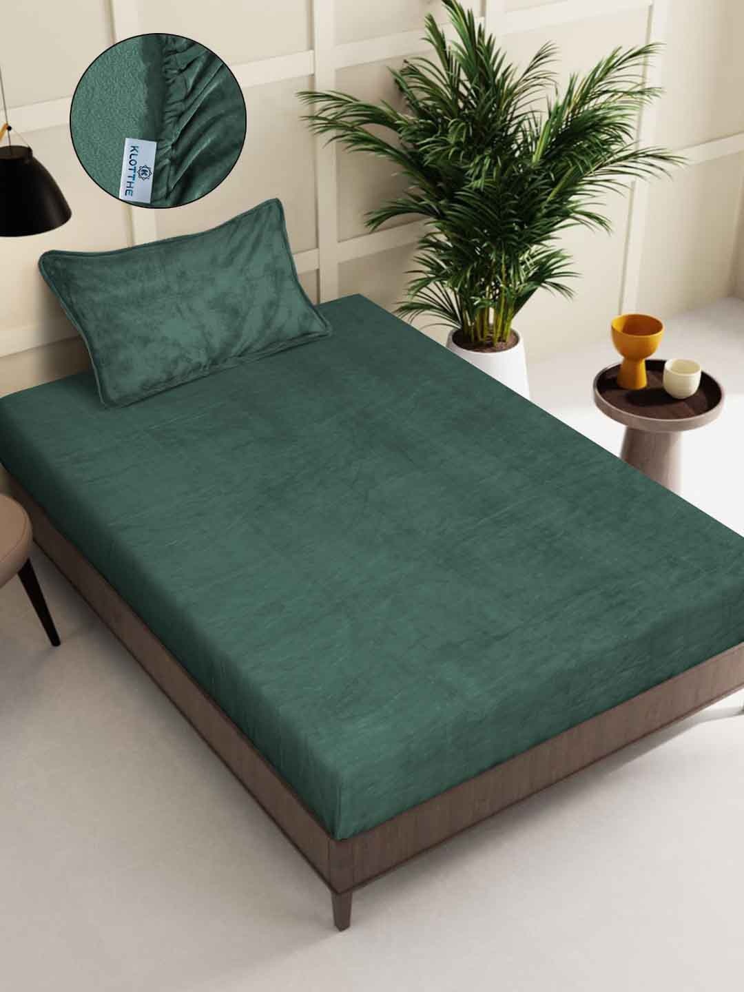 

KLOTTHE 300 TC Woollen Fitted Single Bedsheet With Pillow Cover, Green