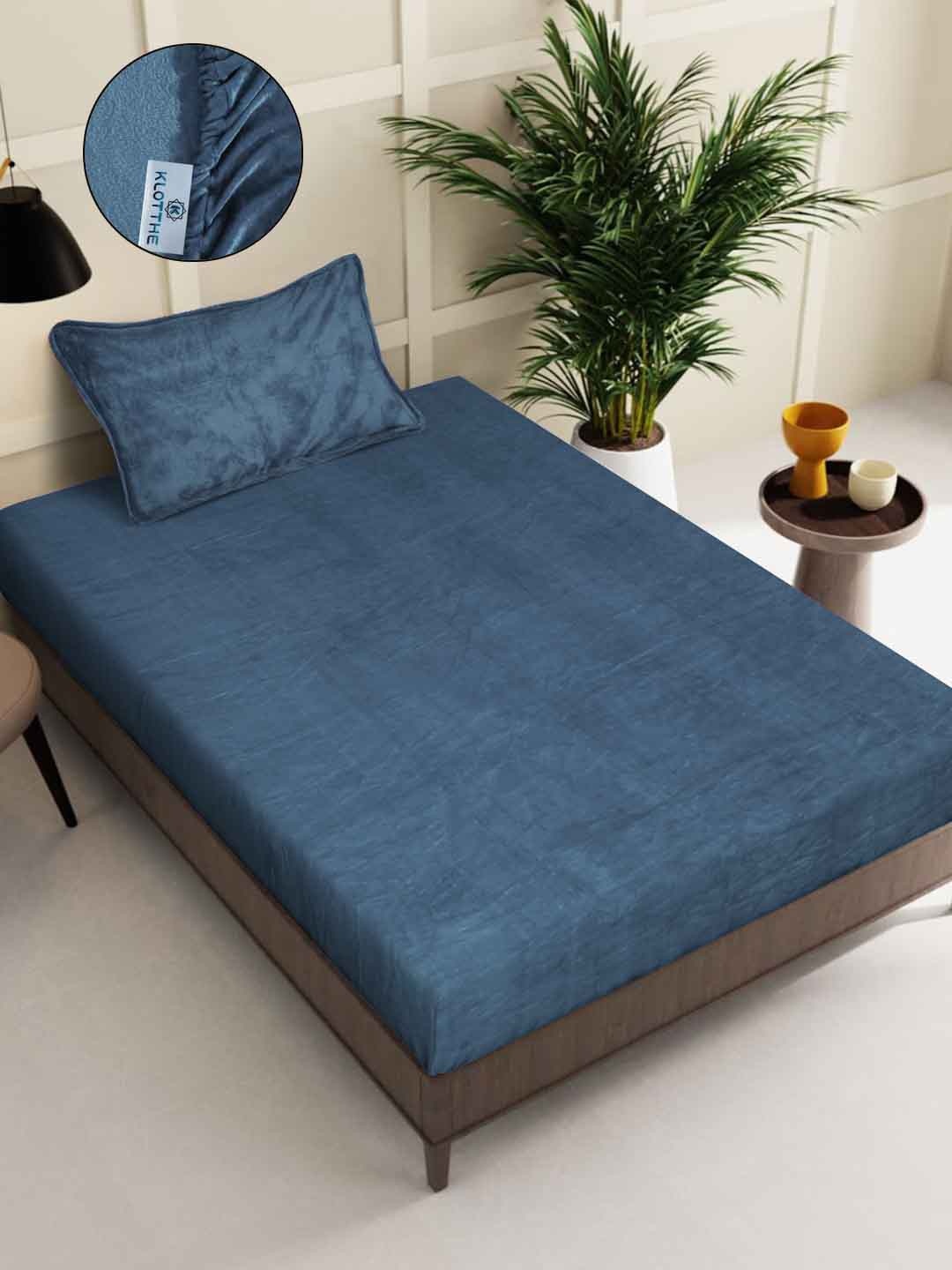 

KLOTTHE Turquoise Blue Woollen 300TC Fitted Single Bedsheet With Pillow Cover