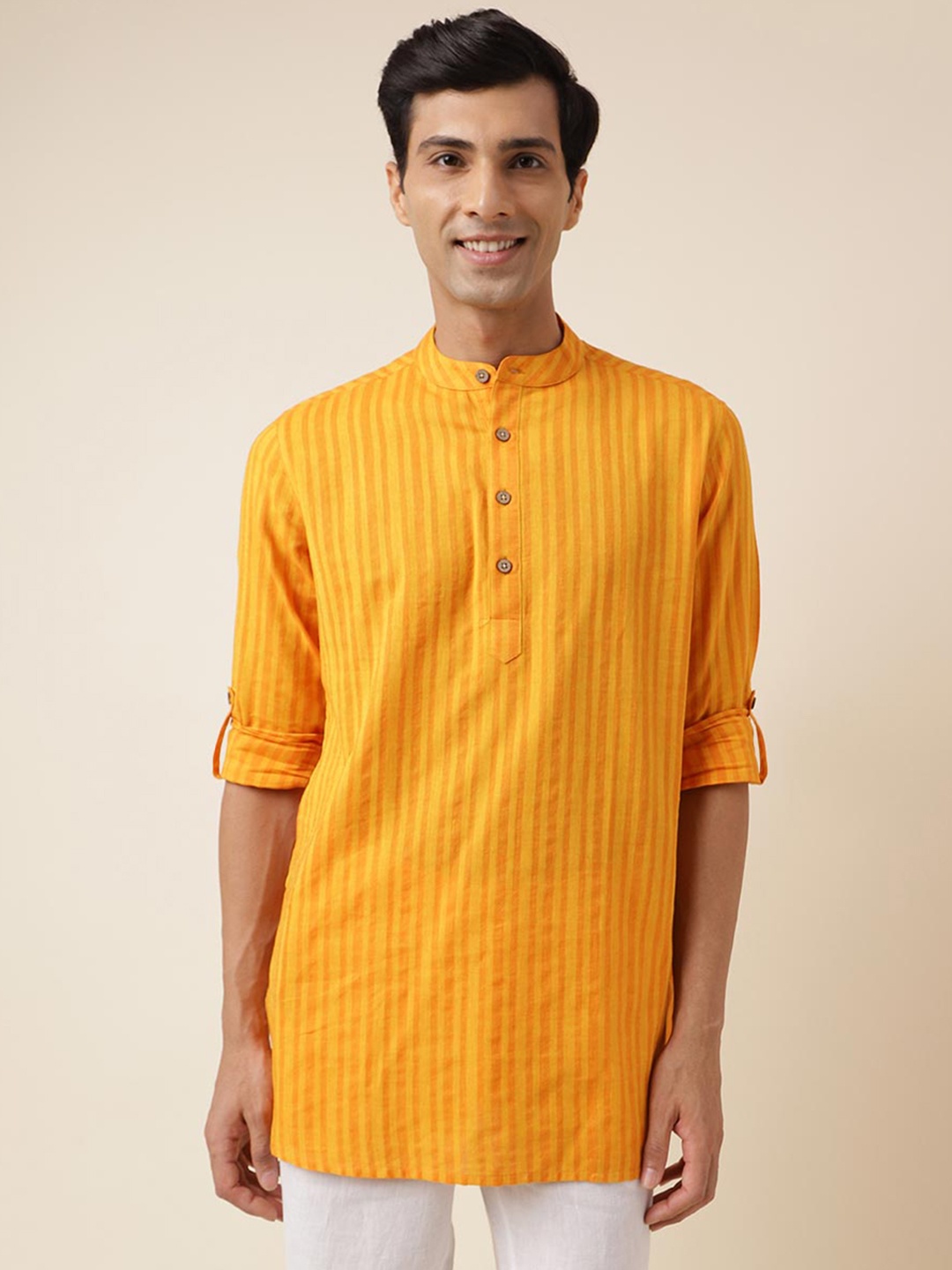 

Fabindia Striped Band Collar Cotton Short Kurta, Yellow