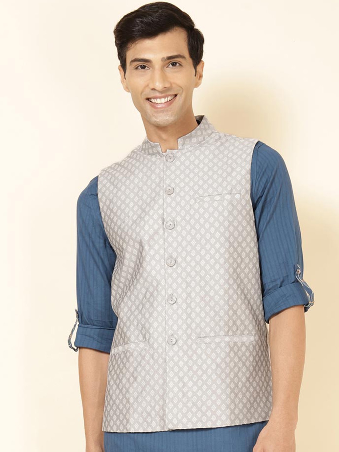 

Fabindia Woven Design Cotton Silk Nehru Jacket, Grey