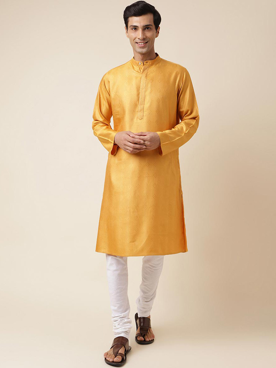 

Fabindia Woven Design Band Collar Regular Kurta, Mustard