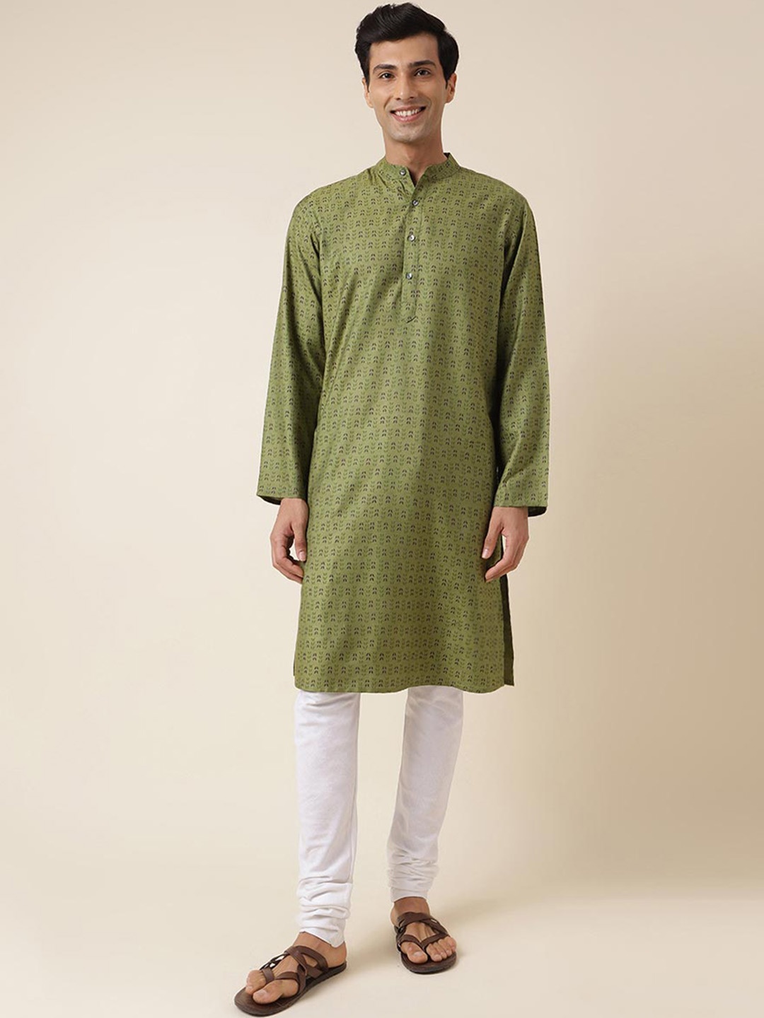 

Fabindia Ethnic Motifs Printed Band Collar Regular Kurta, Green