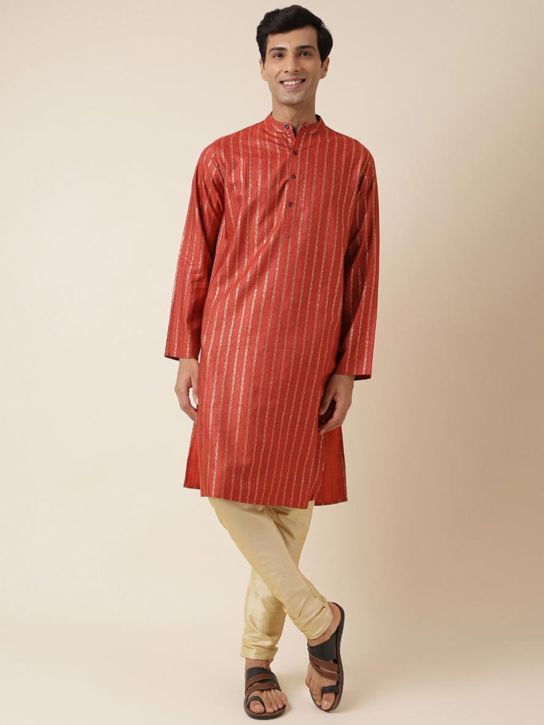

Fabindia Ethnic Motifs Printed Band Collar Regular Kurta, Rust