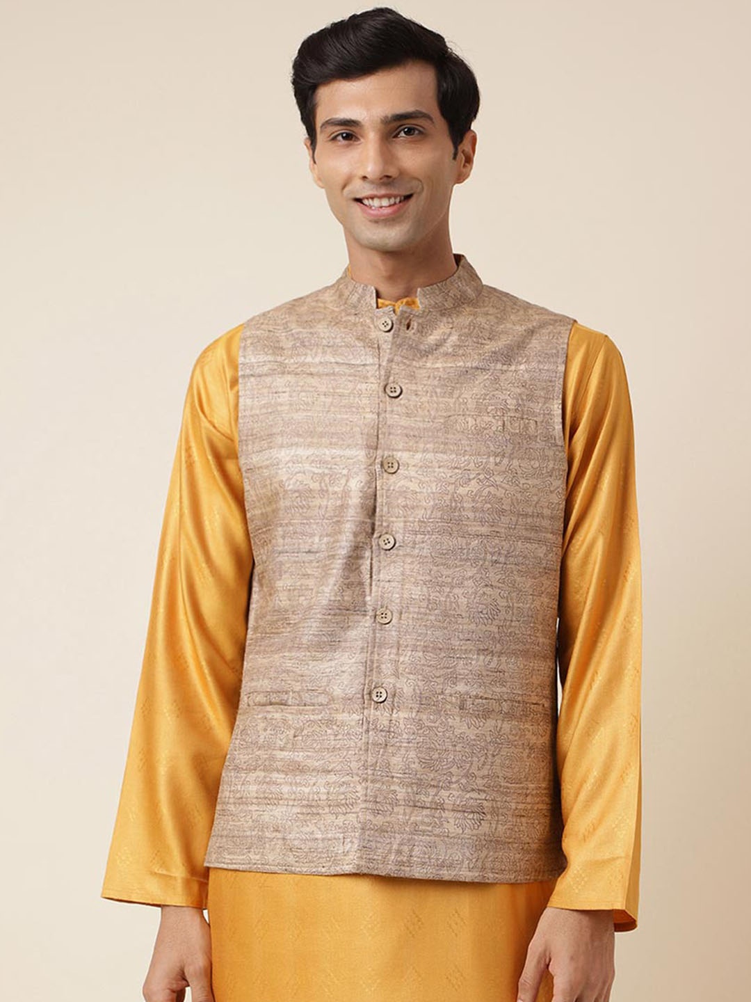 

Fabindia Ethnic Motifs Printed Silk Nehru Jacket, Beige