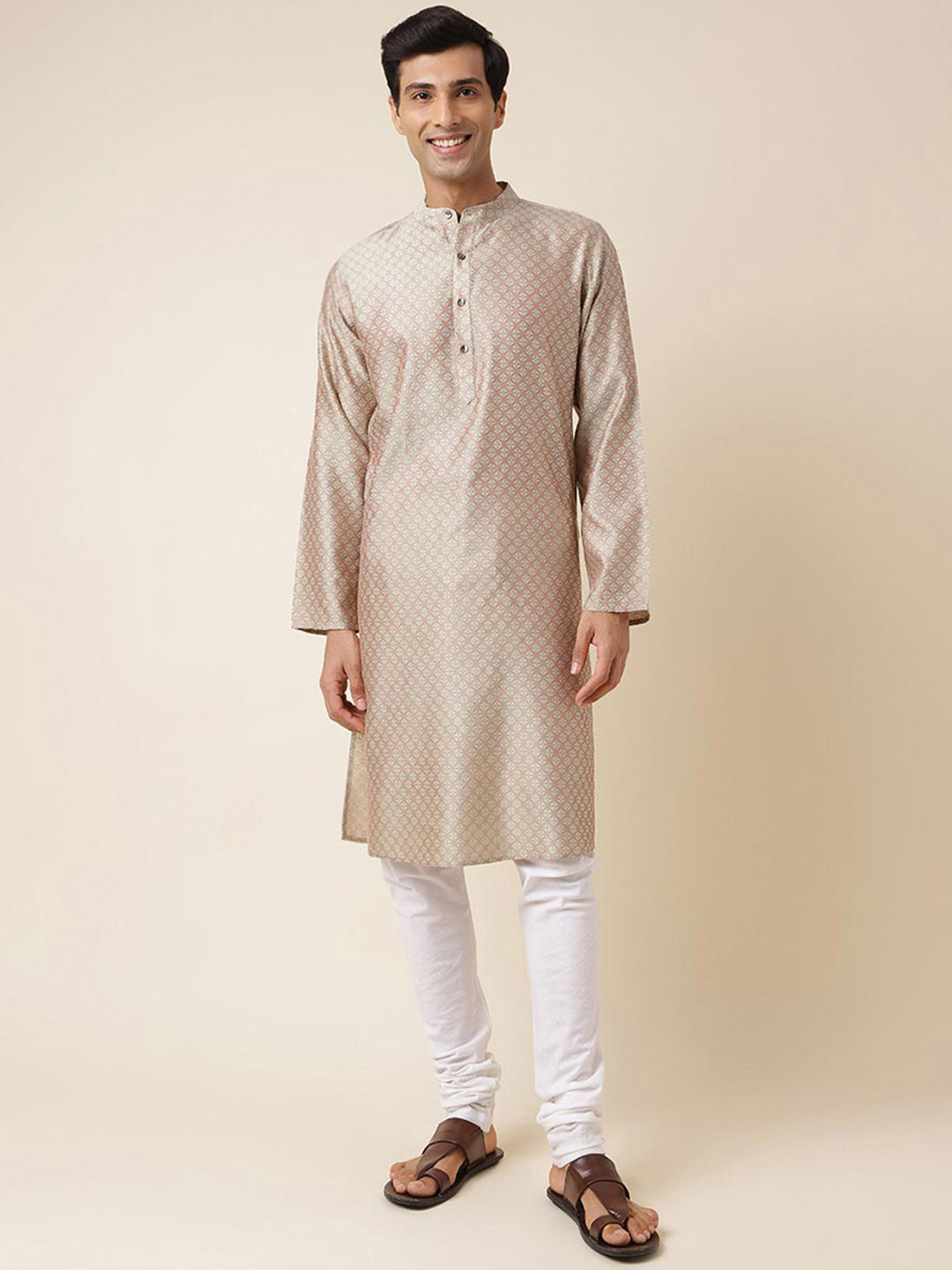 

Fabindia Ethnic Motifs Woven Design Mandarin Collar Jacquard Casual Straight Kurta, Green