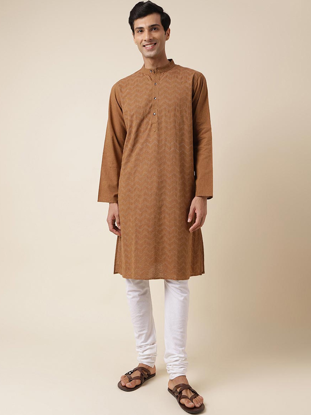 

Fabindia Geometric Printed Mandarin Collar Pure Cotton Casual Straight Kurta, Brown