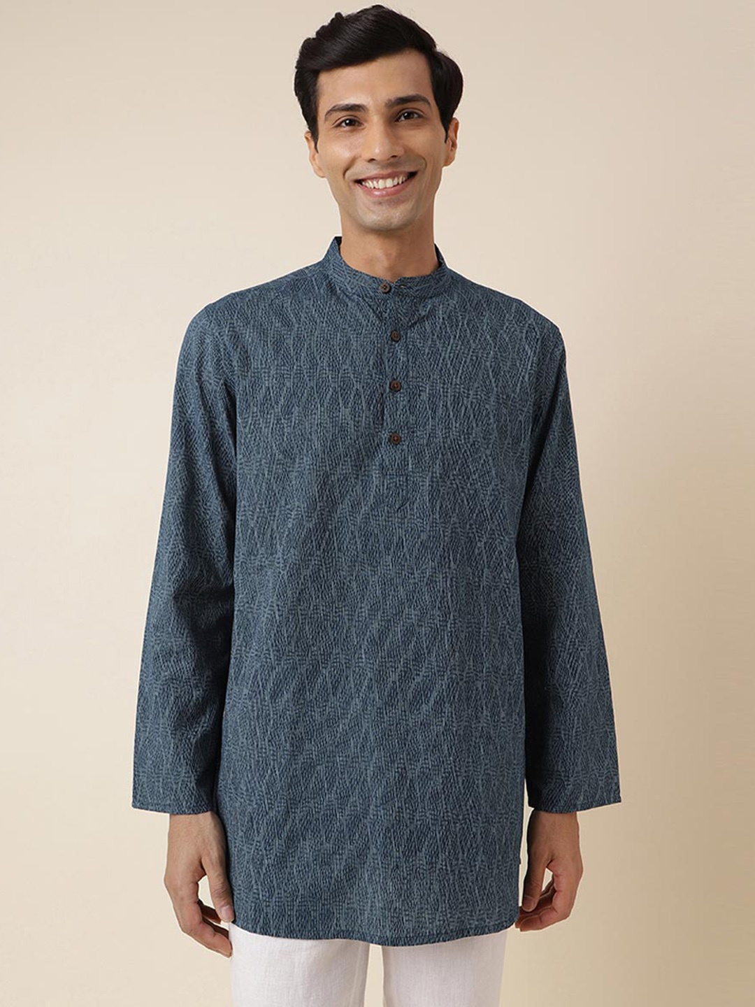 

Fabindia Ethnic Motifs Printed Mandarin Collar Pathani Kurta, Blue