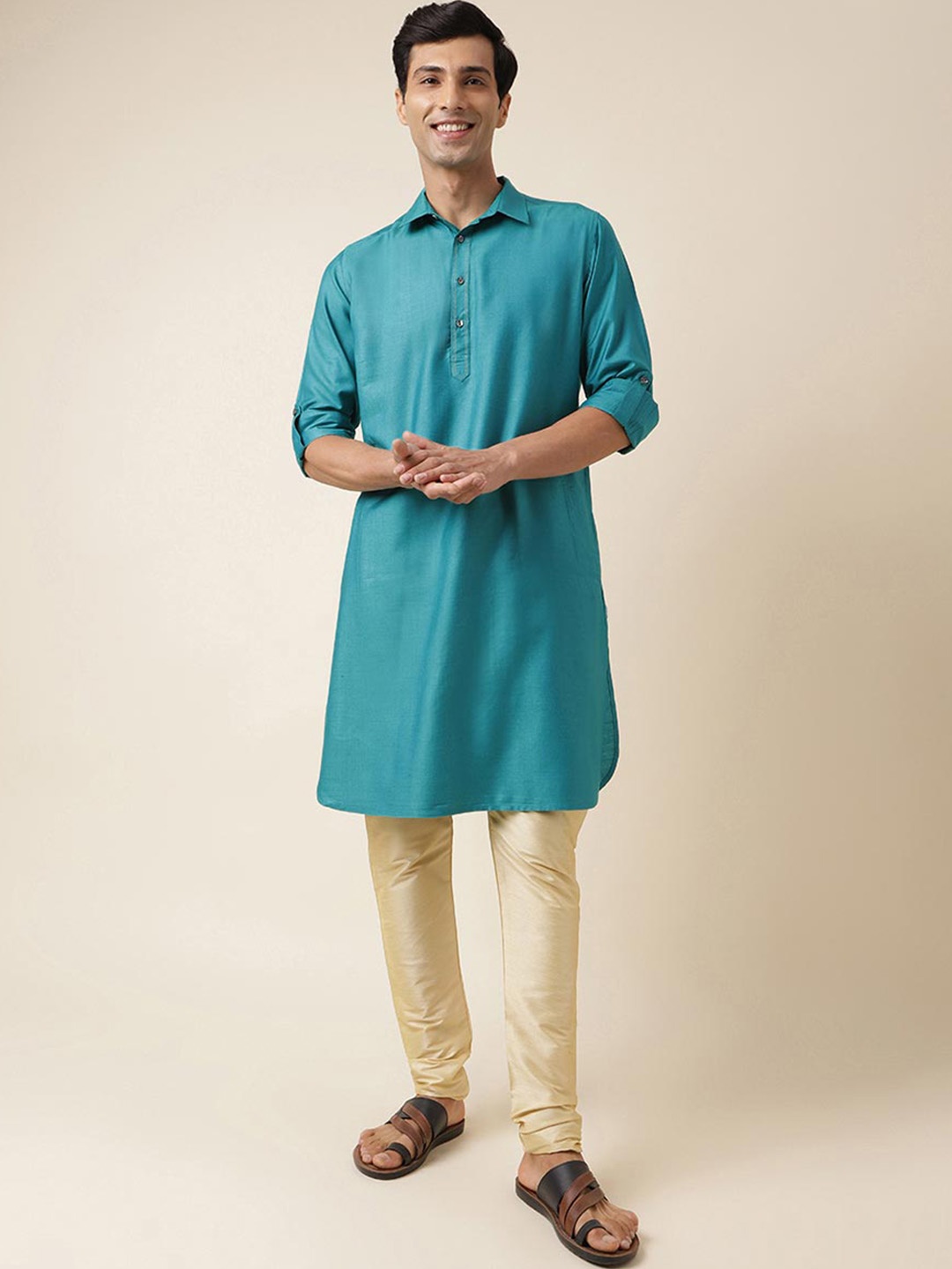 

Fabindia Shirt Collar Roll Up Sleeves Straight Kurta, Teal