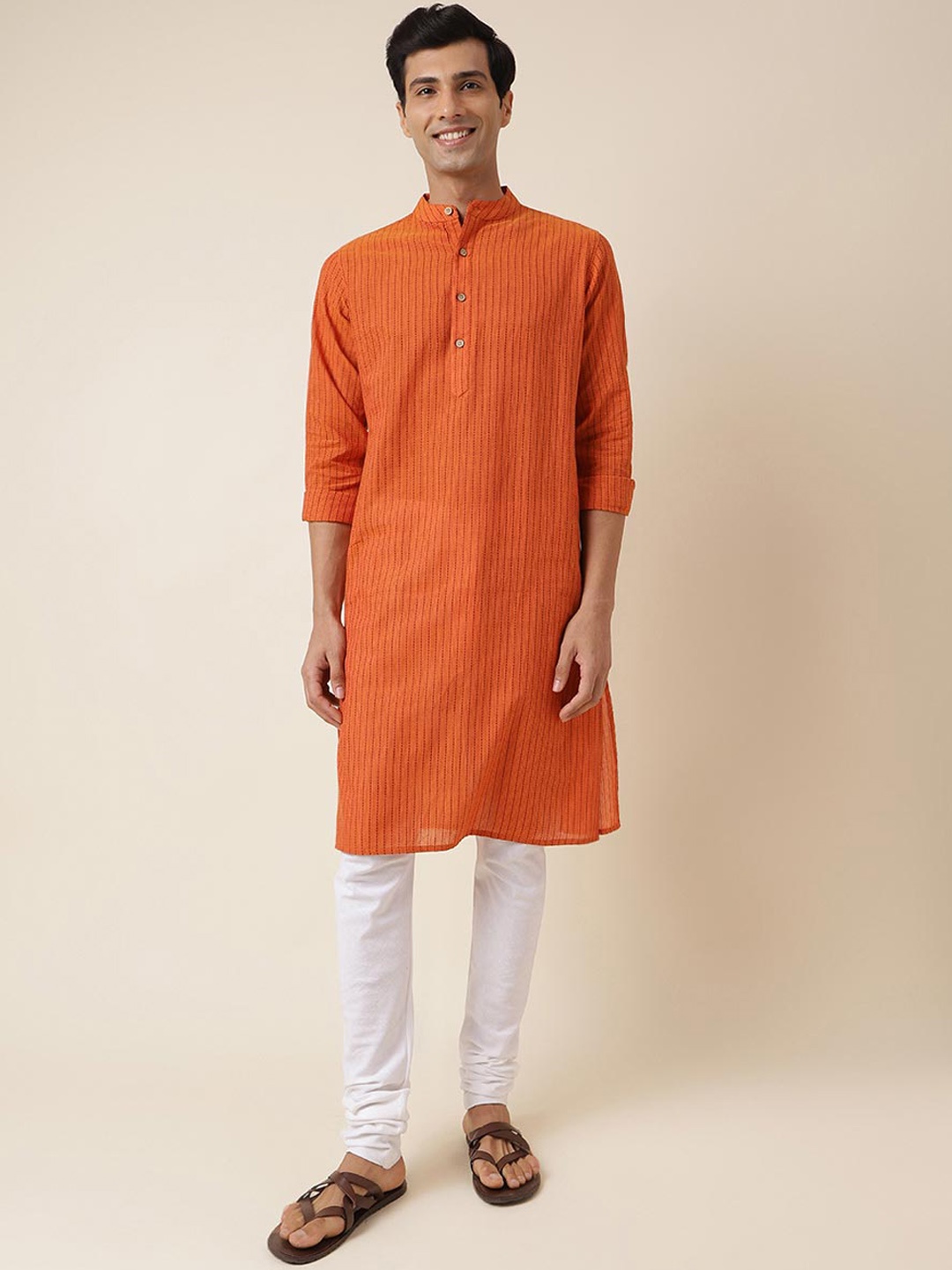 

Fabindia Woven Design Band Collar Regular Cotton Kurta, Orange