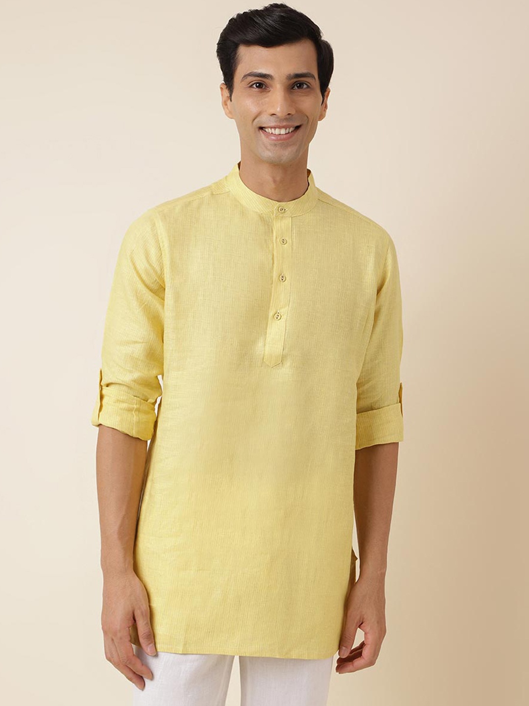 

Fabindia Woven Design Band Collar Regular Linen Kurta, Yellow