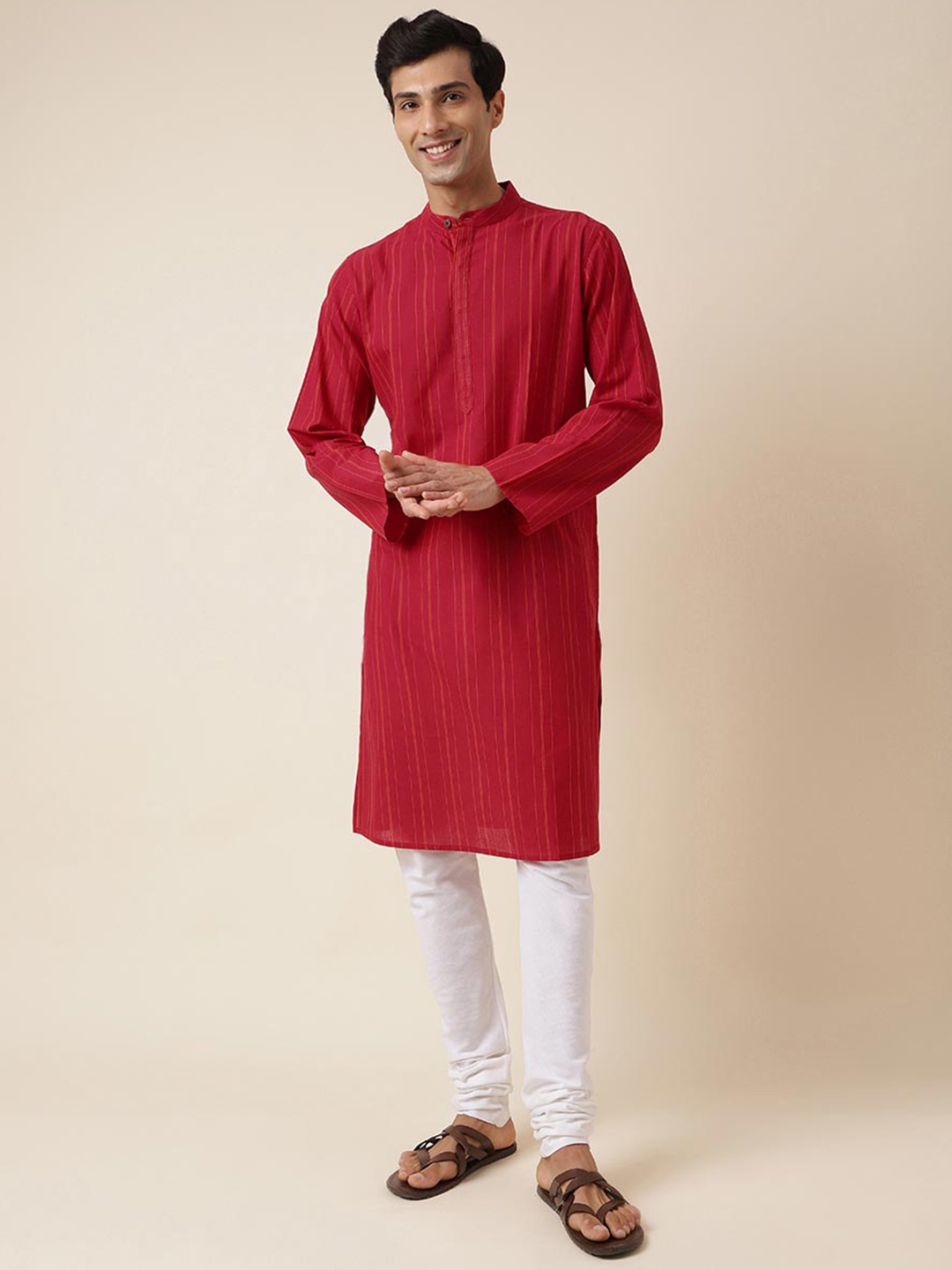 

Fabindia Striped Band Collar Cotton Straight Kurta, Red