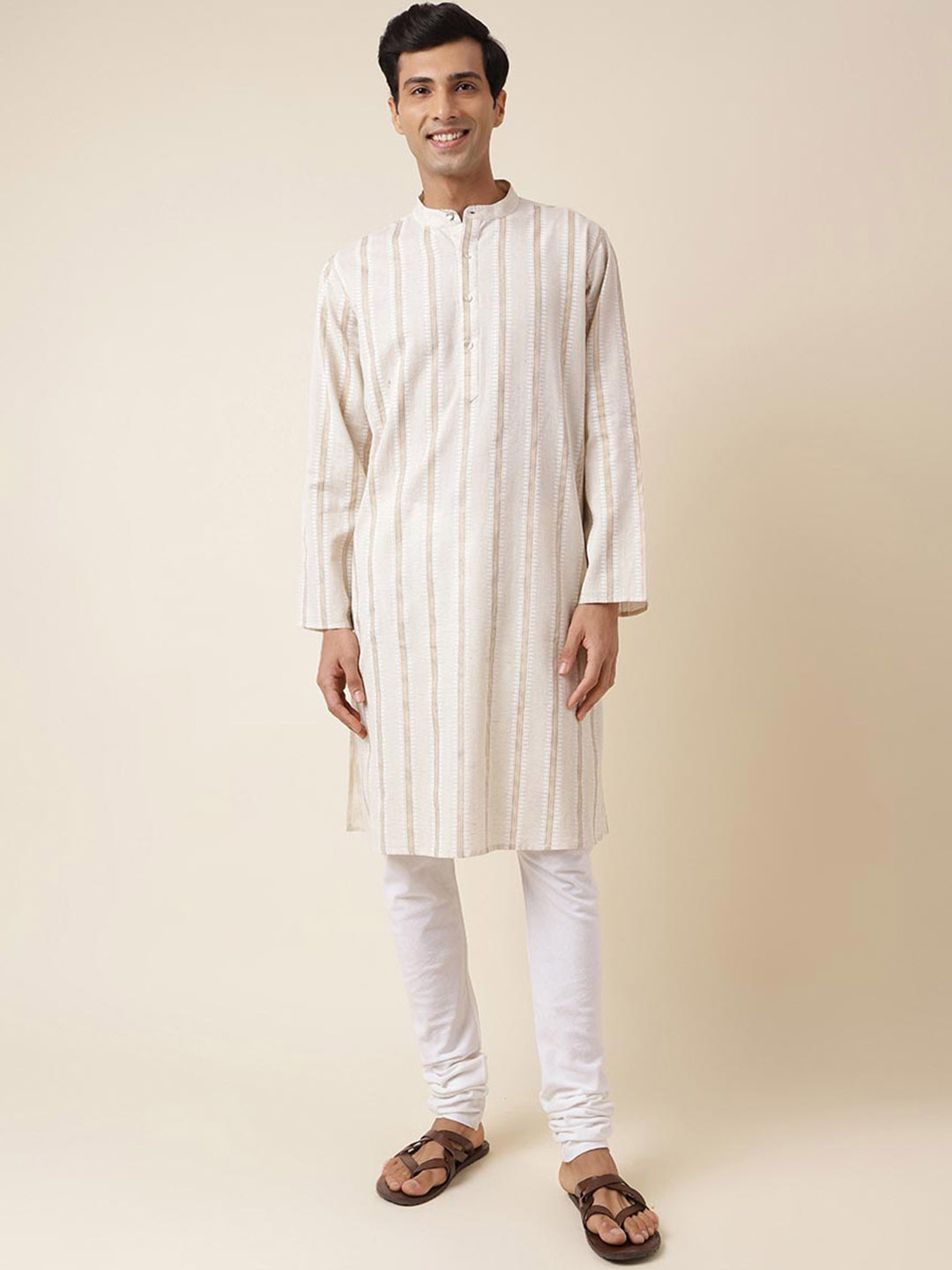 

Fabindia Striped Band Collar Long Sleeves Straight Kurta, Off white