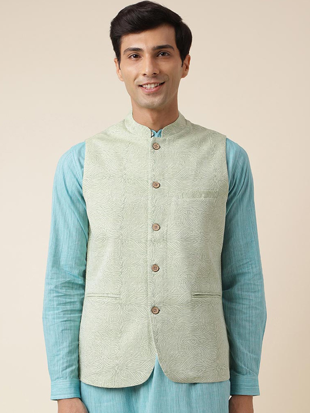 

Fabindia Printed Mandarin Collar Pure Cotton Nehru Jacket, Green