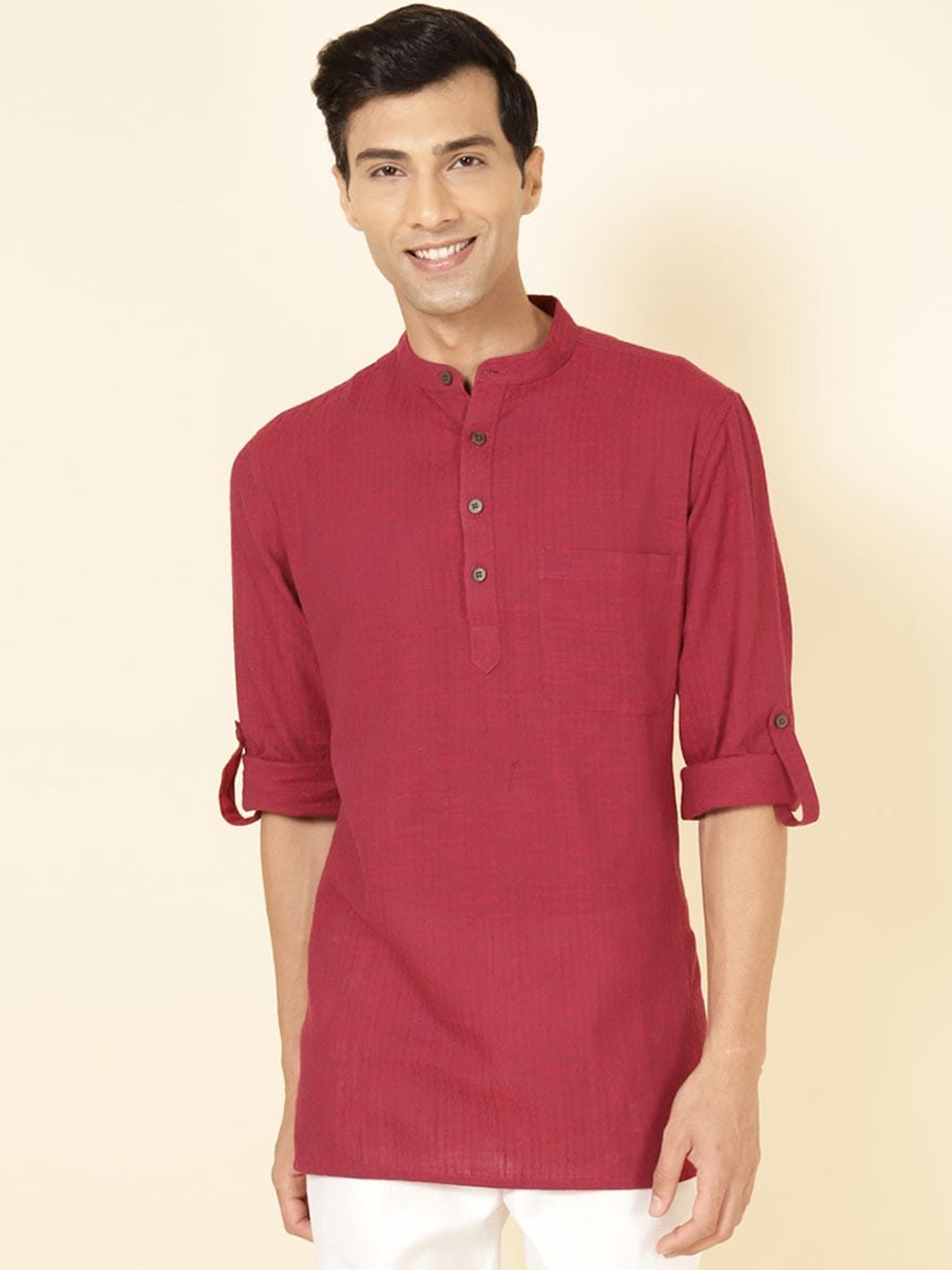 

Fabindia Band Collar Long Sleeves Straight Kurta, Red