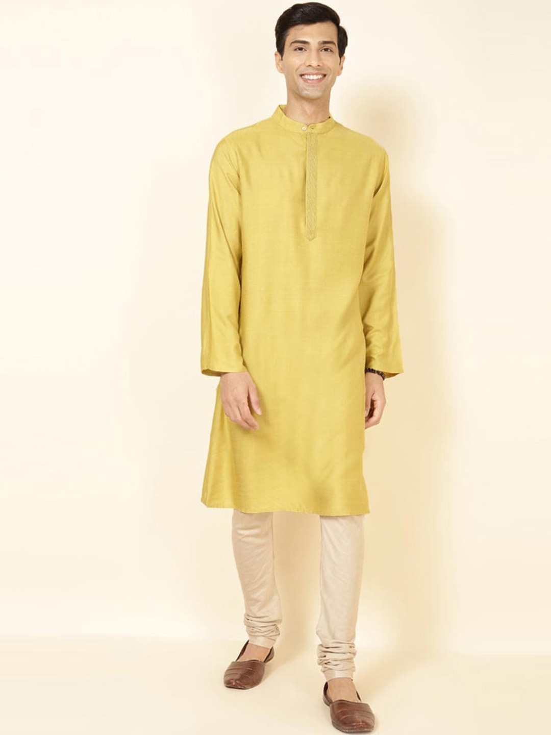 

Fabindia Band Collar Long Sleeves Straight Kurta, Yellow